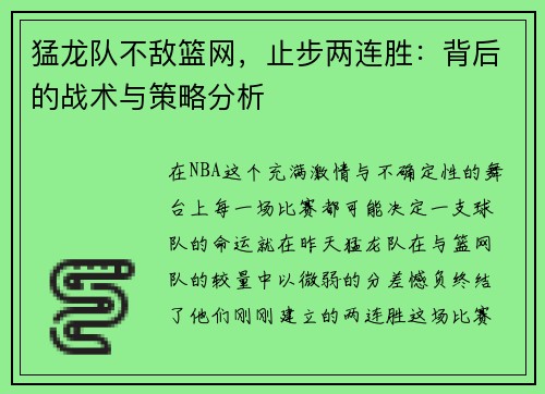 猛龙队不敌篮网，止步两连胜：背后的战术与策略分析