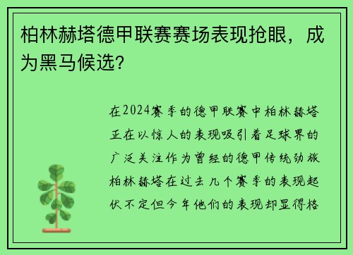 柏林赫塔德甲联赛赛场表现抢眼，成为黑马候选？